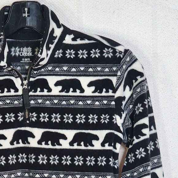 Falls Creek Black White ¼ Zip LS Poly Fleece Bear Motif Pull On Shacket Sz S 6/7 - Picture 4 of 16